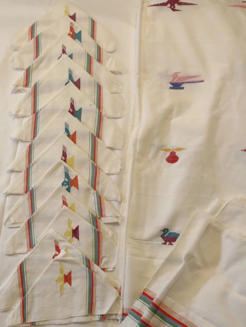 Vintage White Handcrafted Woven & Embroidered Napkins and Tablecloth/Runner Set